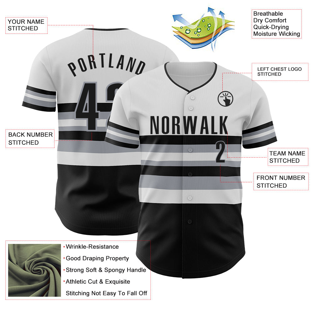 Custom White Black-Gray Block Stripes Lines Chicago Style Authentic Baseball Jersey