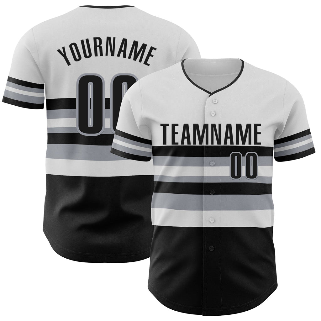 Custom White Black-Gray Block Stripes Lines Chicago Style Authentic Baseball Jersey