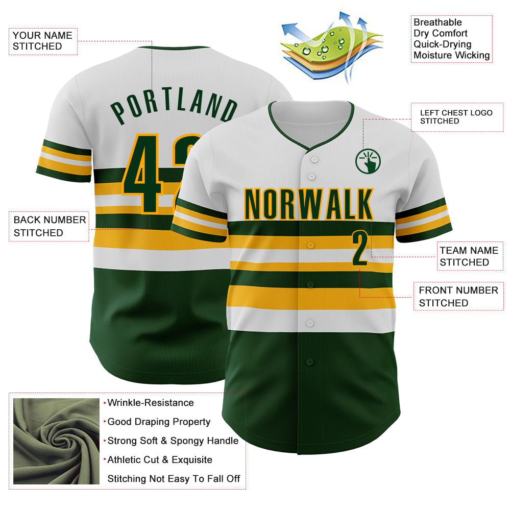Custom White Green-Gold Block Stripes Lines Oakland Style Authentic Baseball Jersey