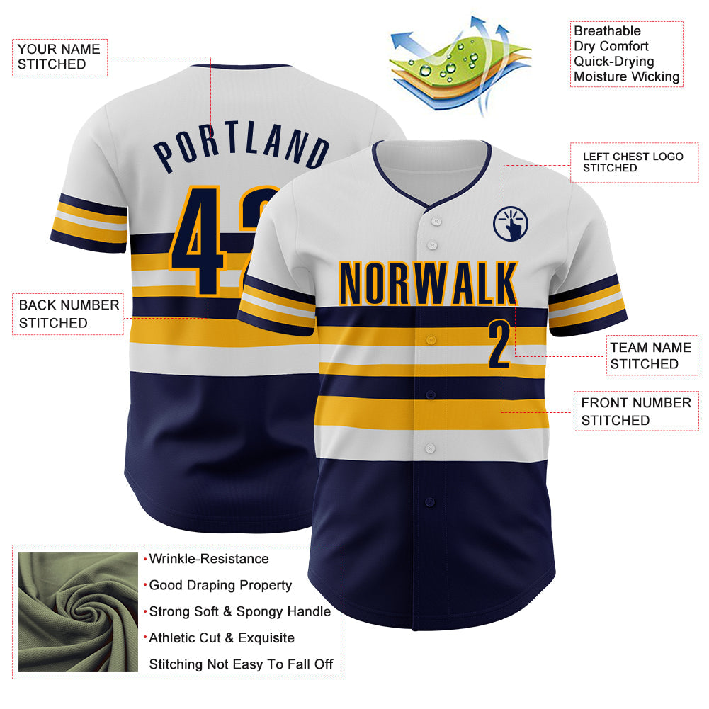 Custom White Navy-Gold Block Stripes Lines Milwaukee Style Authentic Baseball Jersey