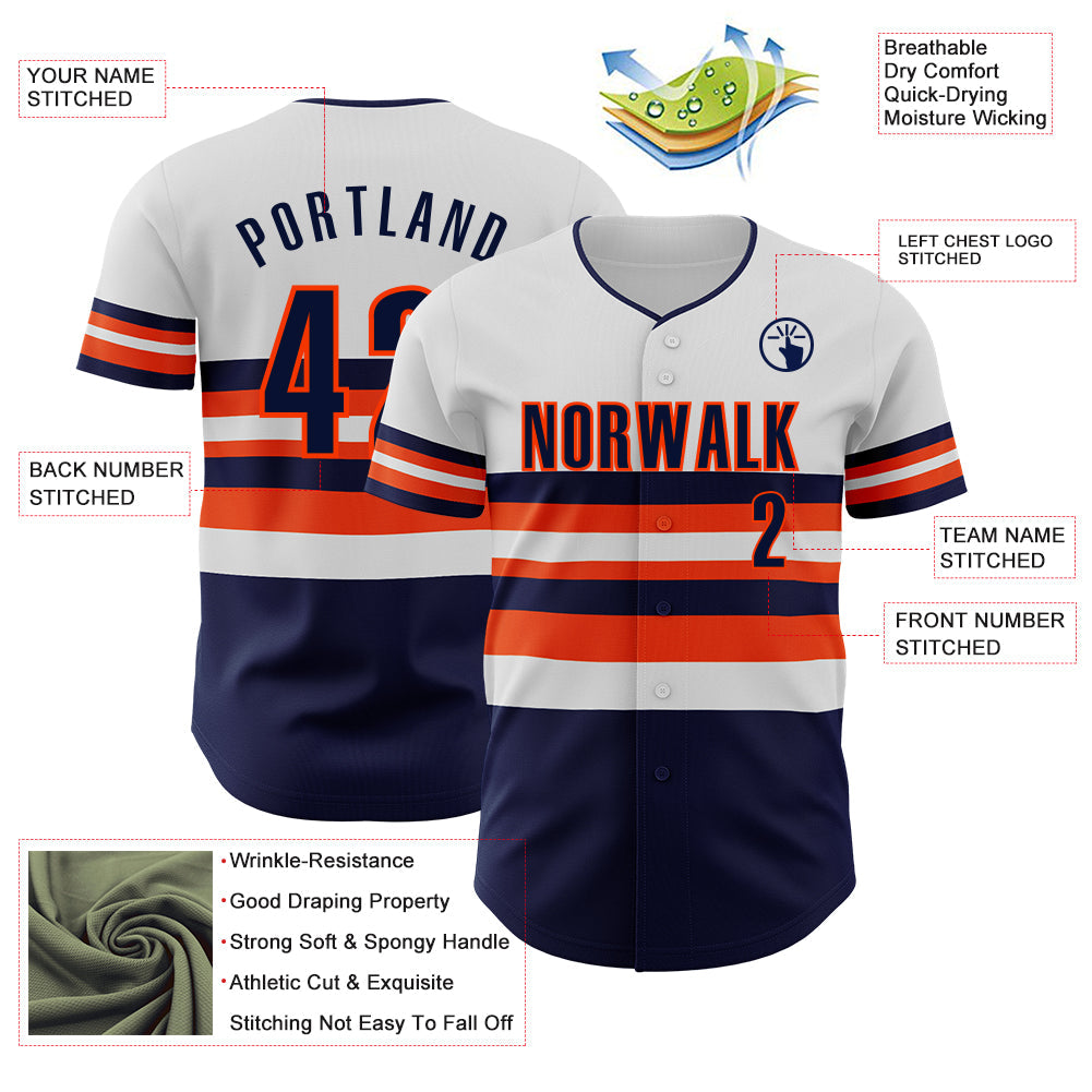 Custom White Navy-Orange Block Stripes Lines Houston Style Authentic Baseball Jersey