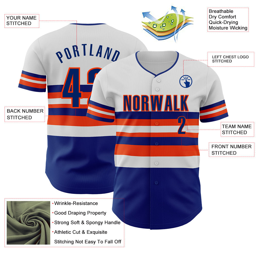 Custom White Royal-Orange Block Stripes Lines New York Style Authentic Baseball Jersey