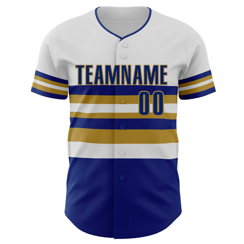 Custom White Royal-Old Gold Block Stripes Lines Kansas City Style Authentic Baseball Jersey