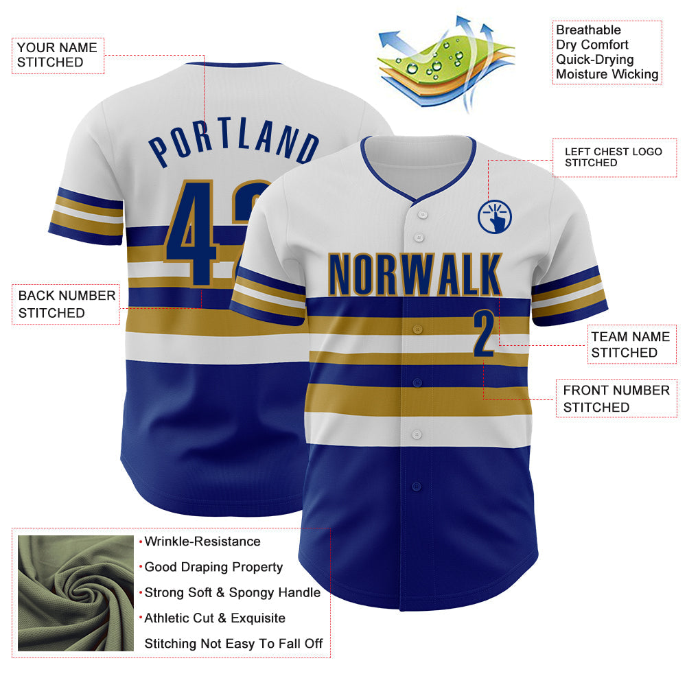 Custom White Royal-Old Gold Block Stripes Lines Kansas City Style Authentic Baseball Jersey