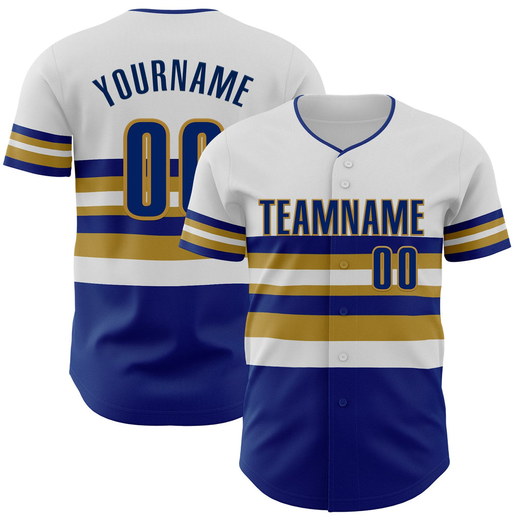 Custom White Royal-Old Gold Block Stripes Lines Kansas City Style Authentic Baseball Jersey