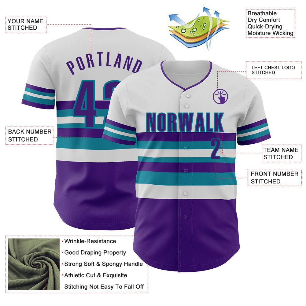 Custom White Purple-Teal Block Stripes Lines Charlotte Style Authentic Baseball Jersey