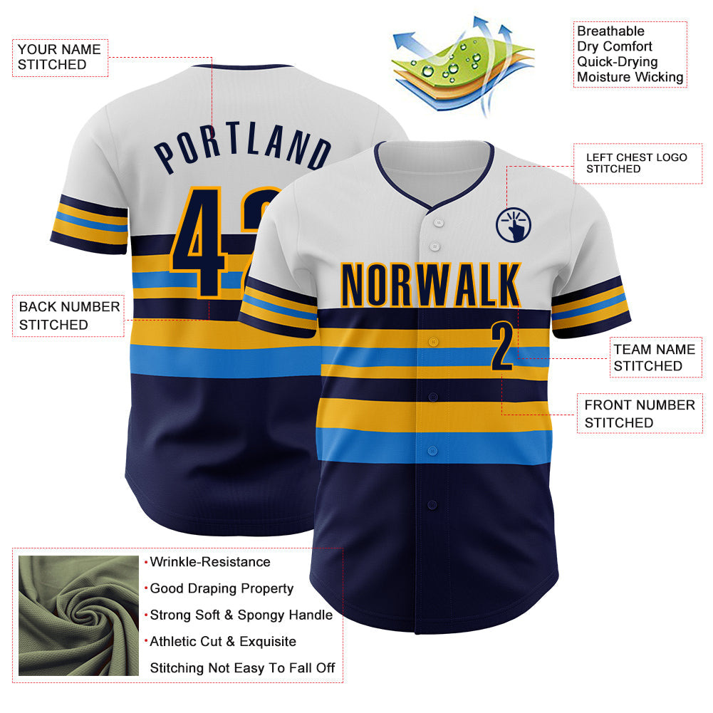 Custom White Navy Electric Blue-Gold Block Stripes Lines Tampa Bay Style Authentic Baseball Jersey