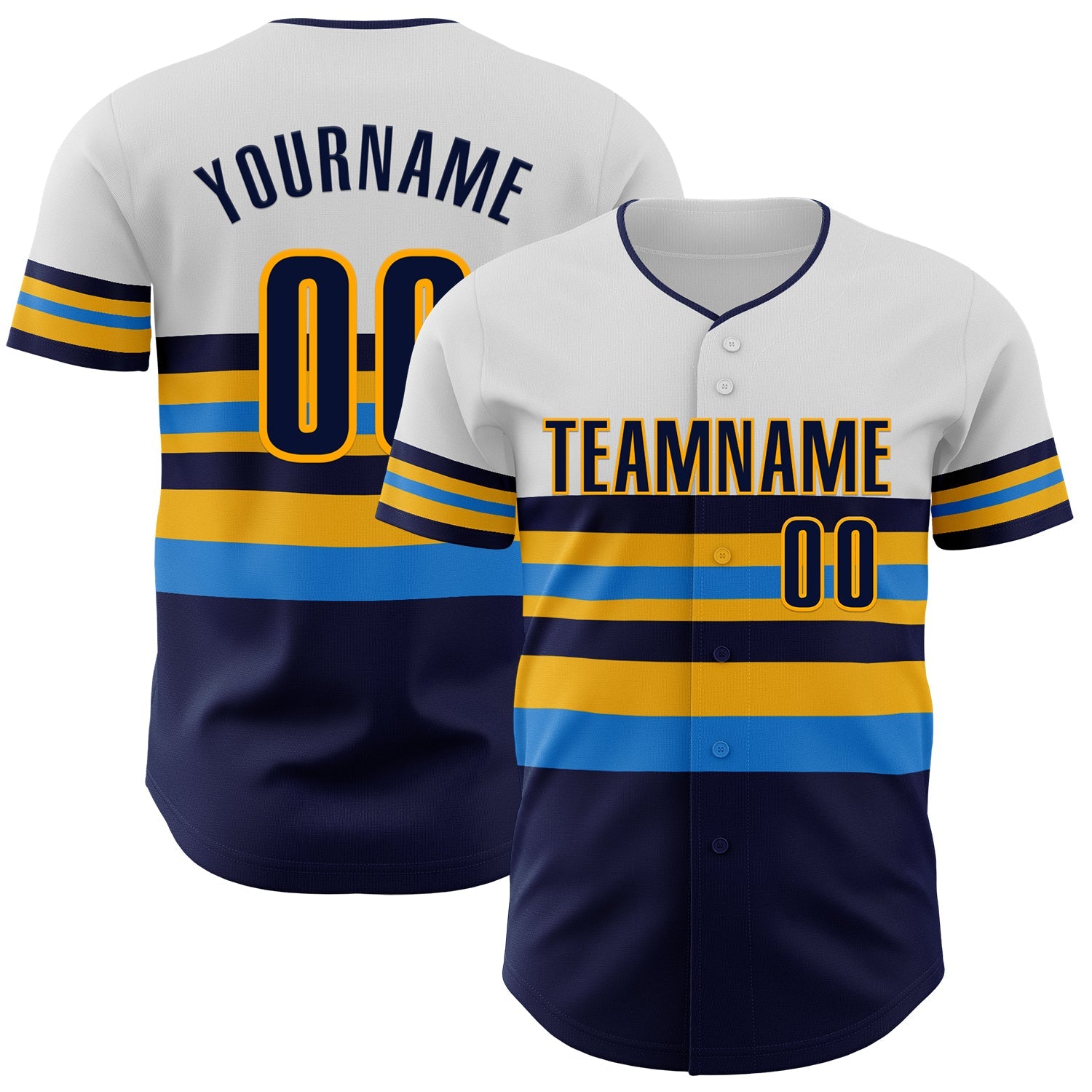 Custom White Navy Electric Blue-Gold Block Stripes Lines Tampa Bay Style Authentic Baseball Jersey