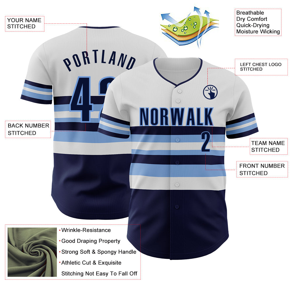 Custom White Navy-Light Blue Block Stripes Lines Tampa Bay Style Authentic Baseball Jersey