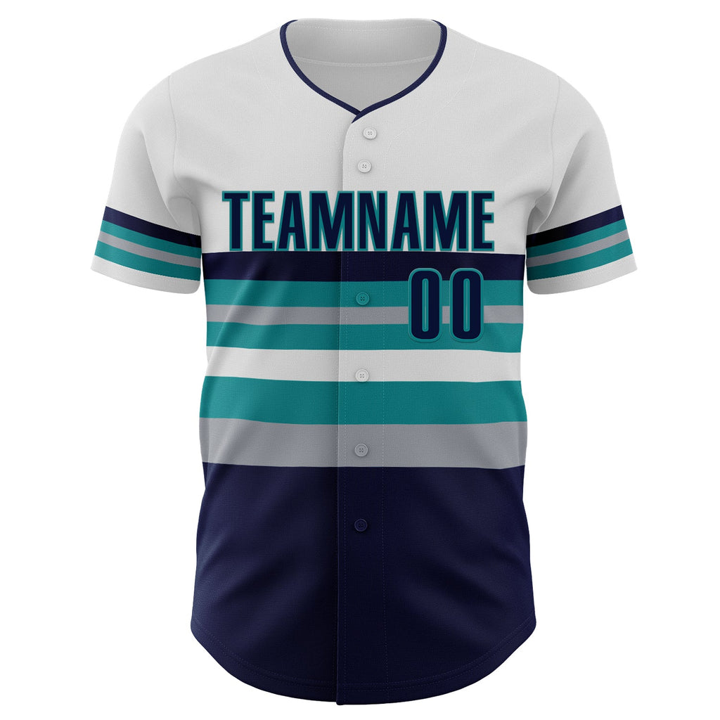 Custom White Navy Gray-Teal Block Stripes Lines Seattle Style Authentic Baseball Jersey
