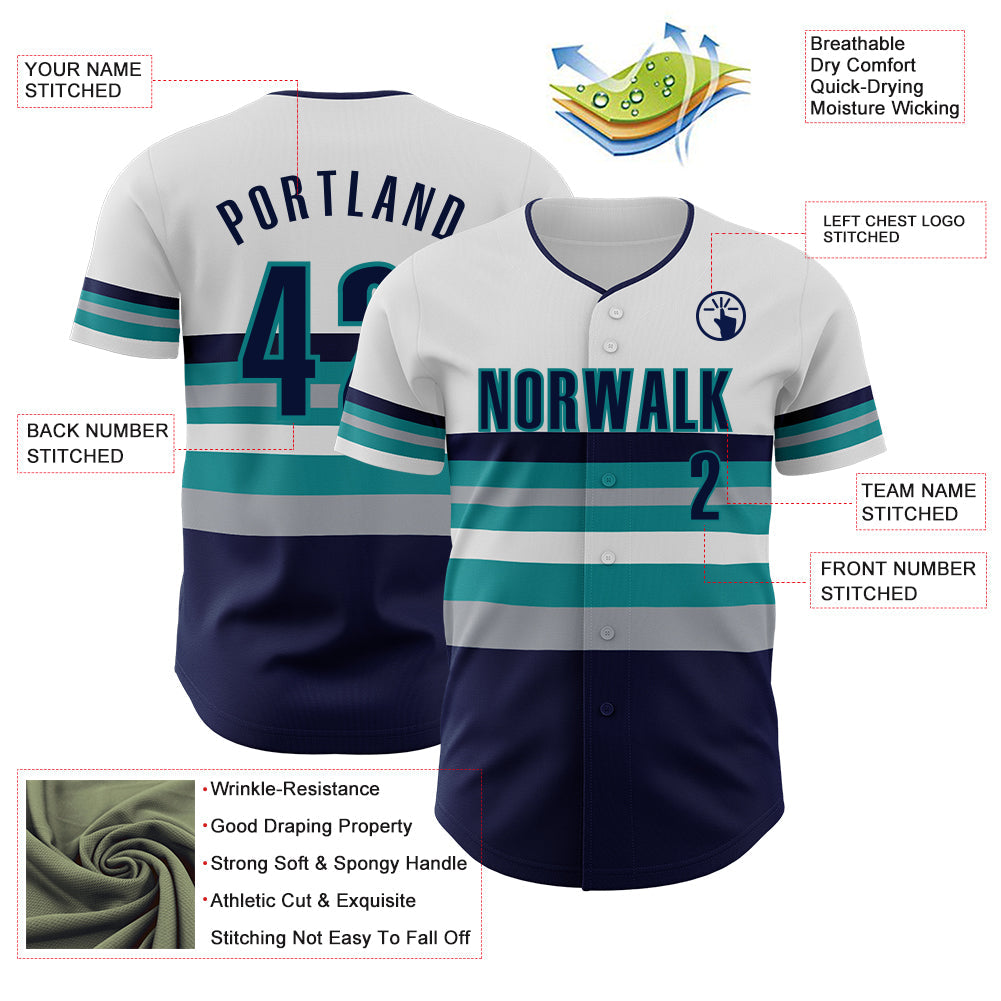 Custom White Navy Gray-Teal Block Stripes Lines Seattle Style Authentic Baseball Jersey