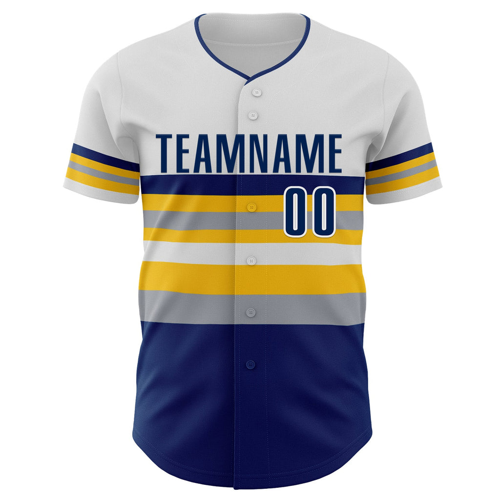 Custom White US Navy Blue Yellow-Gray Block Stripes Lines Indiana Style Authentic Baseball Jersey