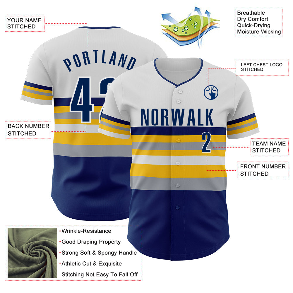 Custom White US Navy Blue Yellow-Gray Block Stripes Lines Indiana Style Authentic Baseball Jersey