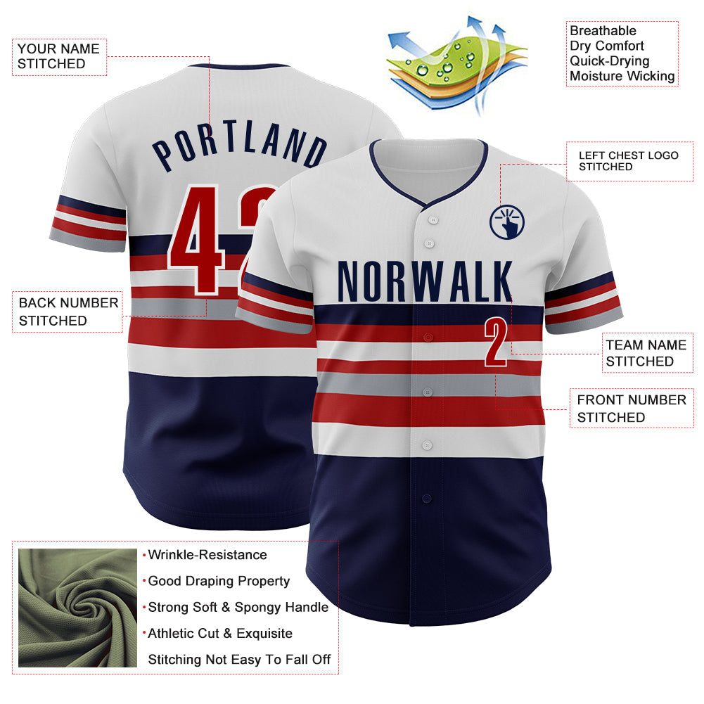 Custom White Red Navy-Gray Block Stripes Lines Minnesota Style Authentic Baseball Jersey