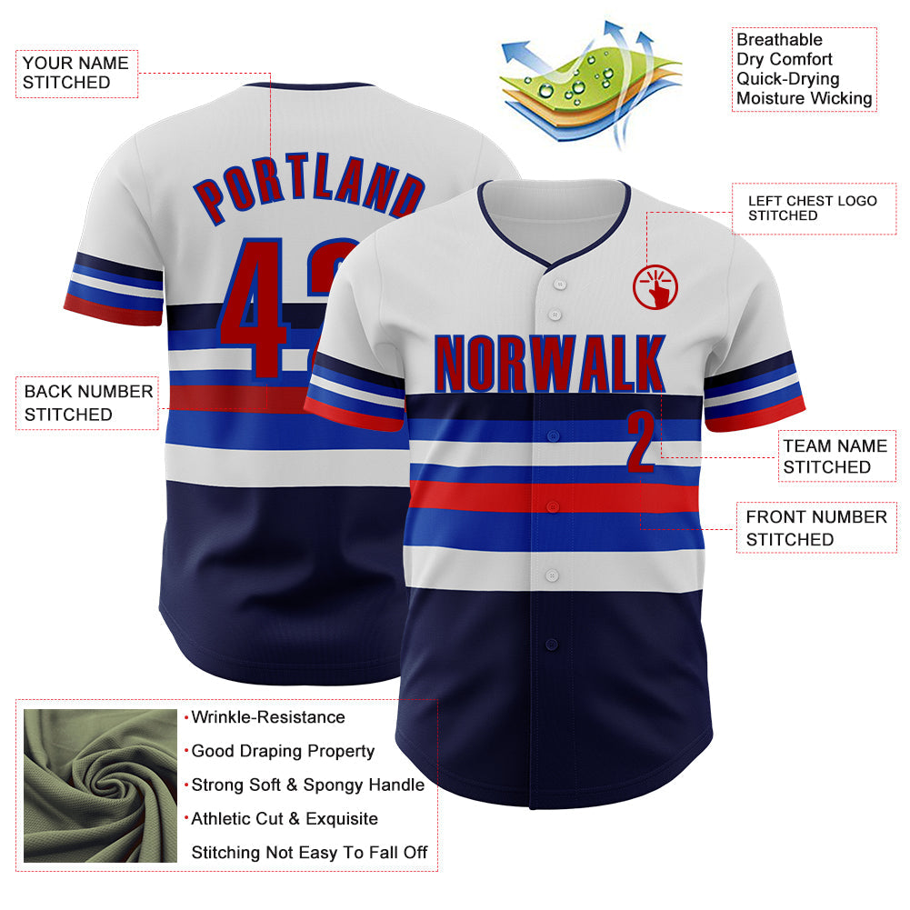 Custom White Red Navy-Thunder Blue Block Stripes Lines Toronto Style Authentic Baseball Jersey