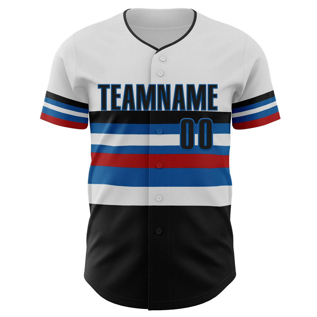 Custom White Black Red-Blue Block Stripes Lines Miami Style Authentic Baseball Jersey