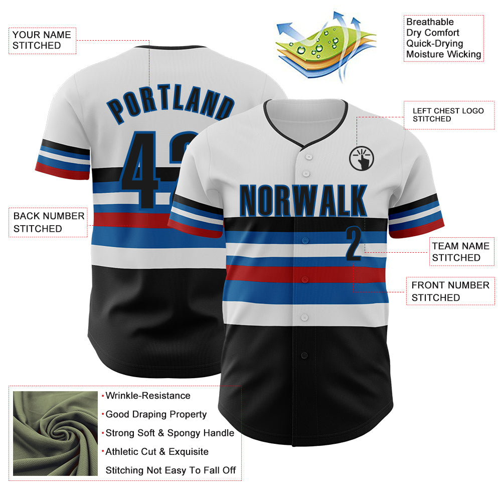 Custom White Black Red-Blue Block Stripes Lines Miami Style Authentic Baseball Jersey