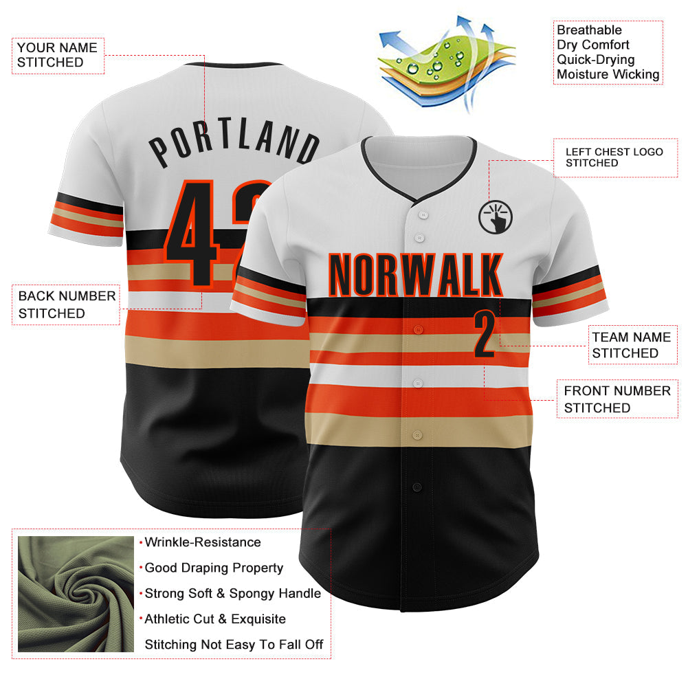 Custom White Black Vegas Gold-Orange Block Stripes Lines San Francisco Style Authentic Baseball Jersey