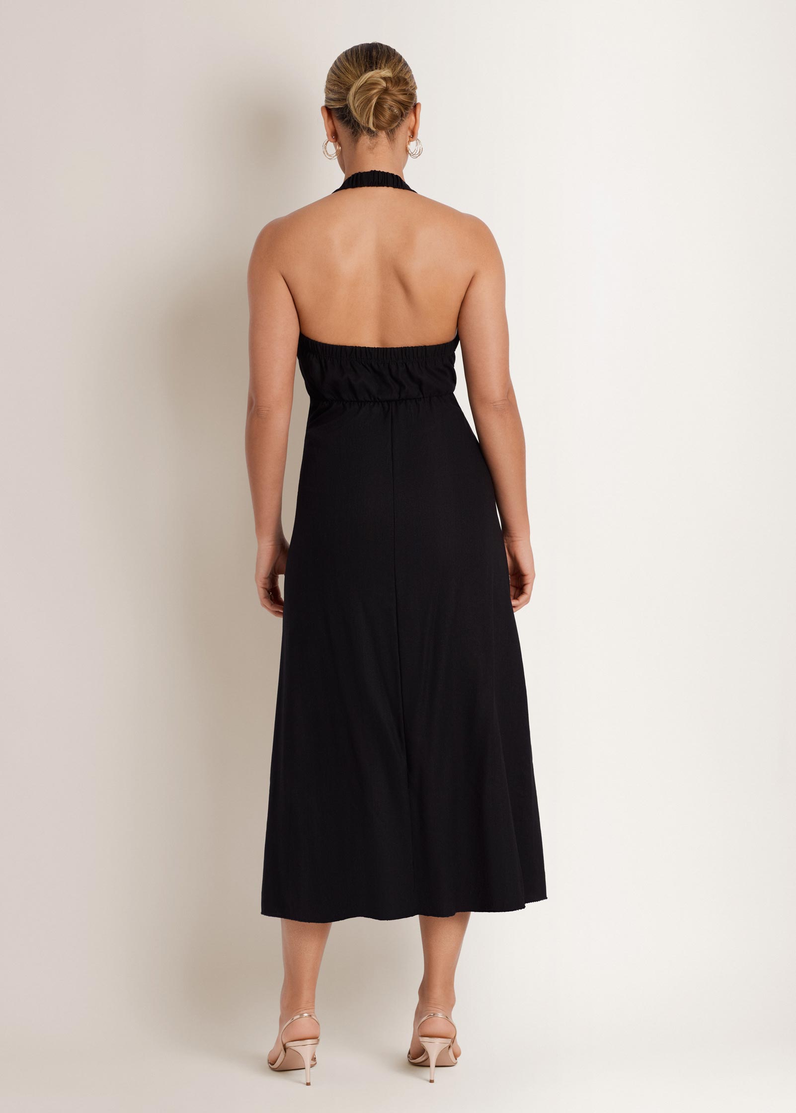 Linen Halter Sleeveless Maxi Dress - Jet Black