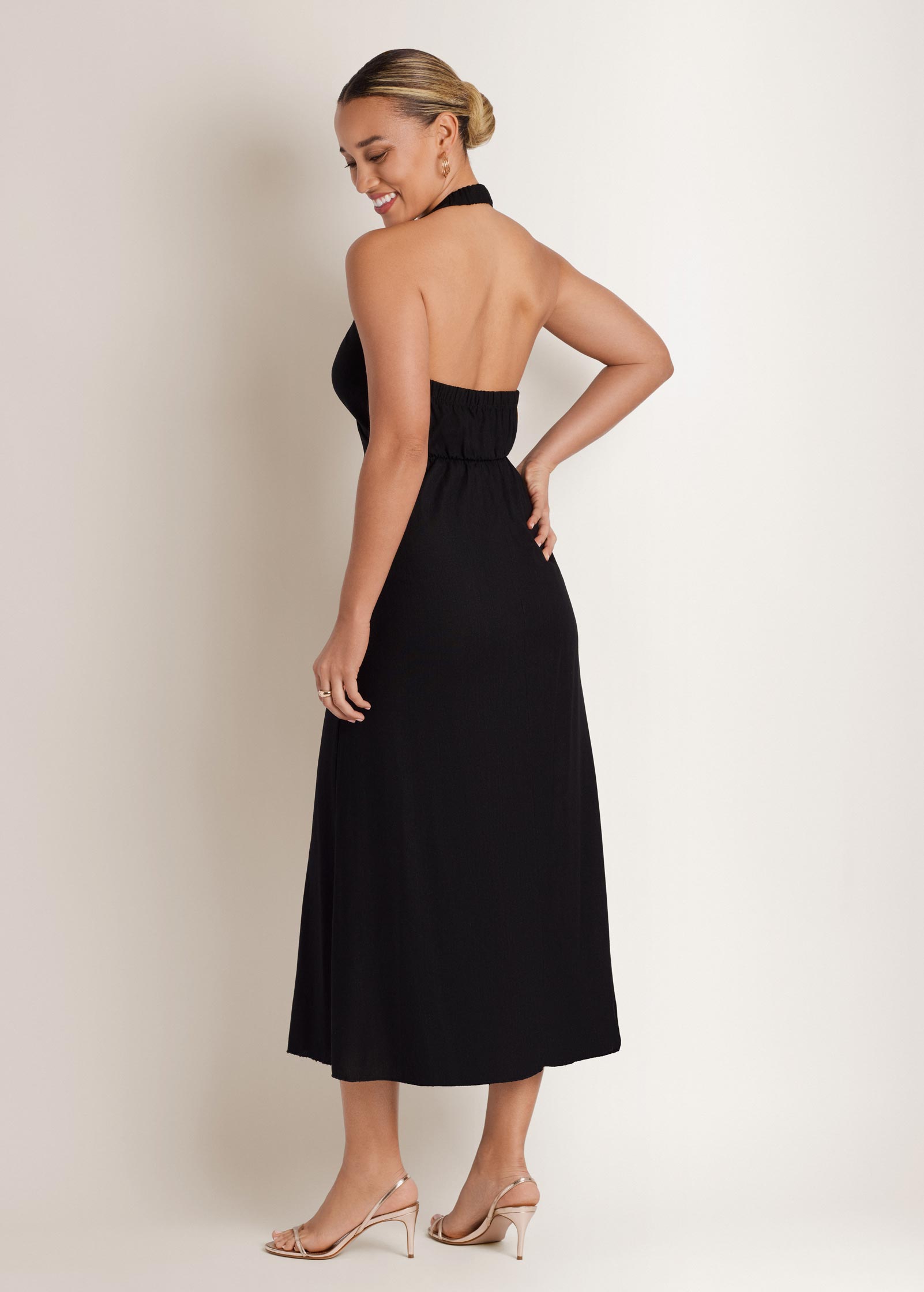 Linen Halter Sleeveless Maxi Dress - Jet Black
