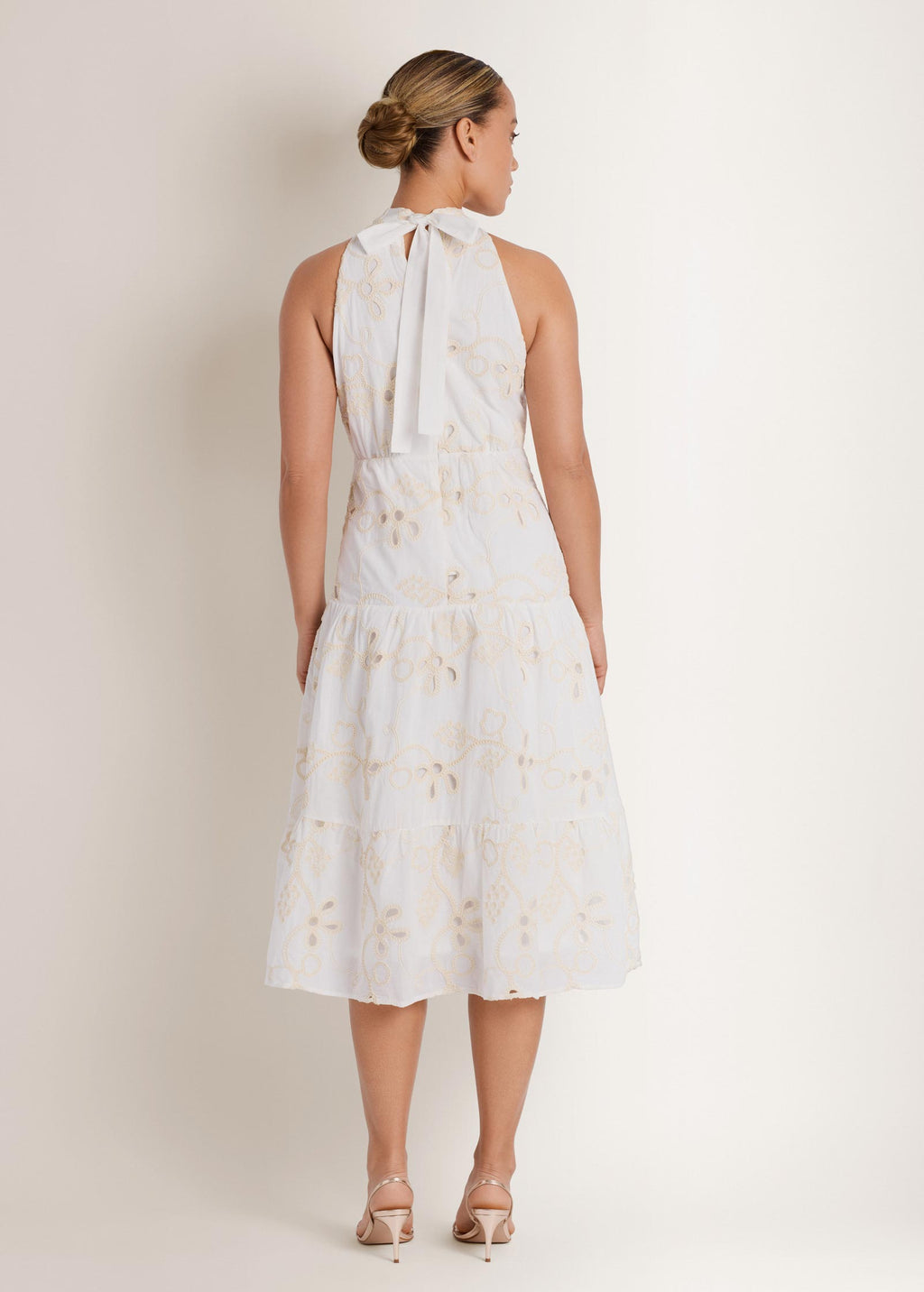 Embroidered Halter Mock Neck Midi Dress - Natural