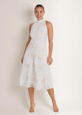 Embroidered Halter Mock Neck Midi Dress - Natural