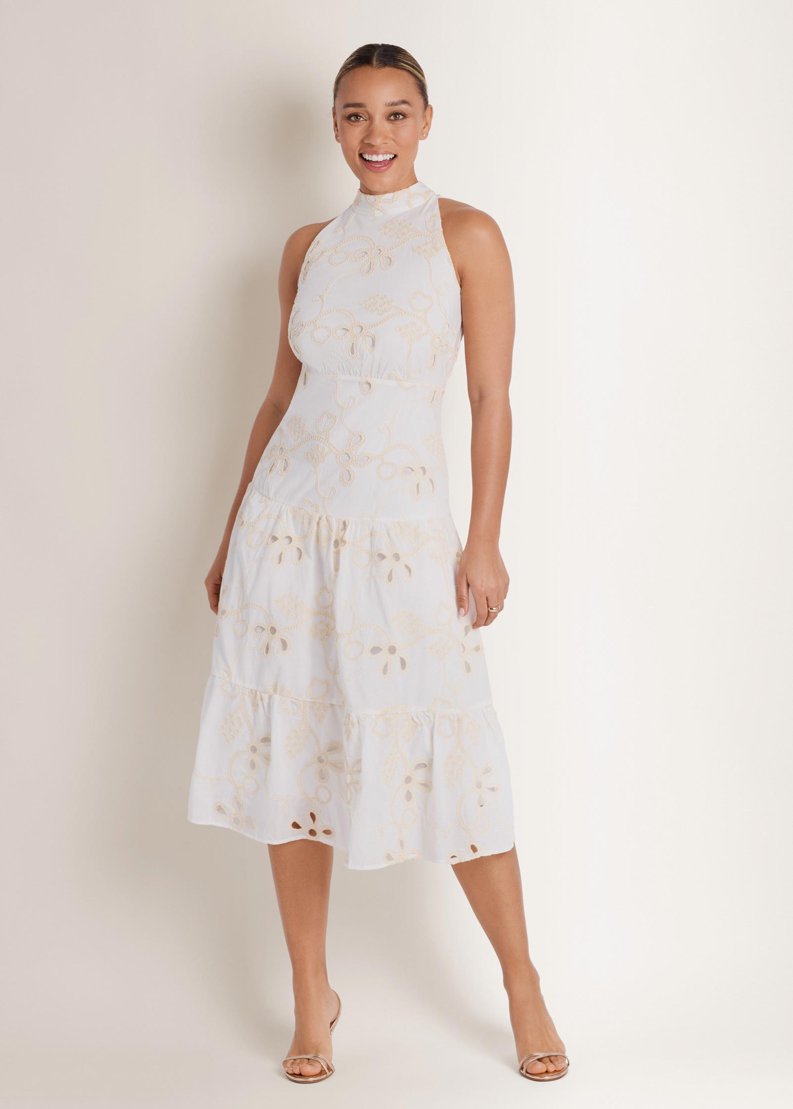 Embroidered Halter Mock Neck Midi Dress - Natural