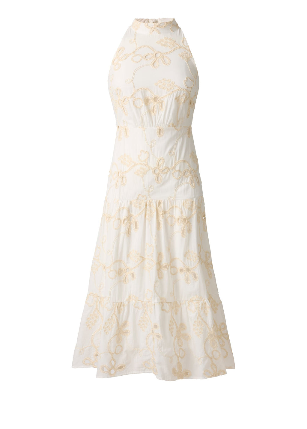 Embroidered Halter Mock Neck Midi Dress - Natural
