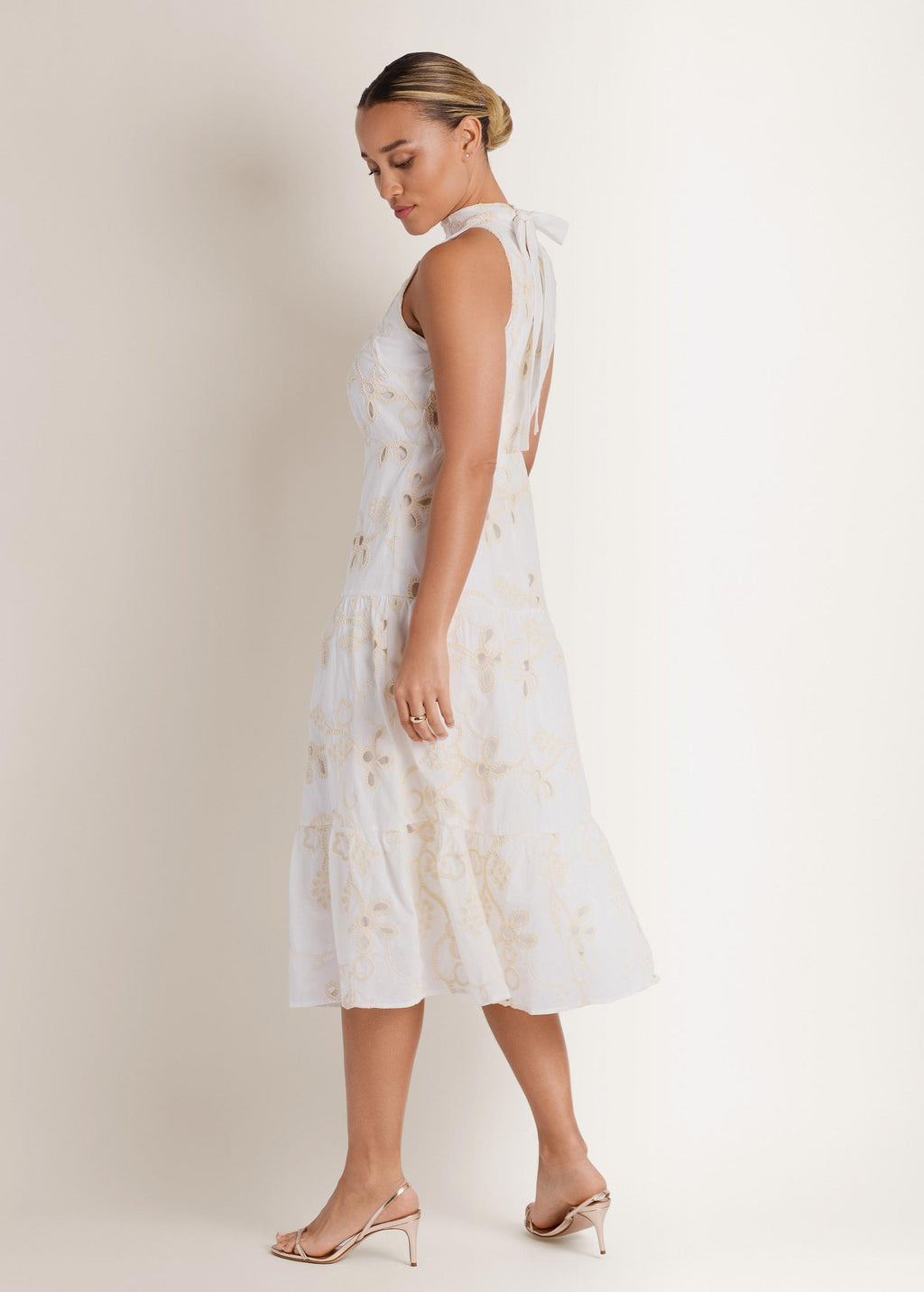 Embroidered Halter Mock Neck Midi Dress - Natural