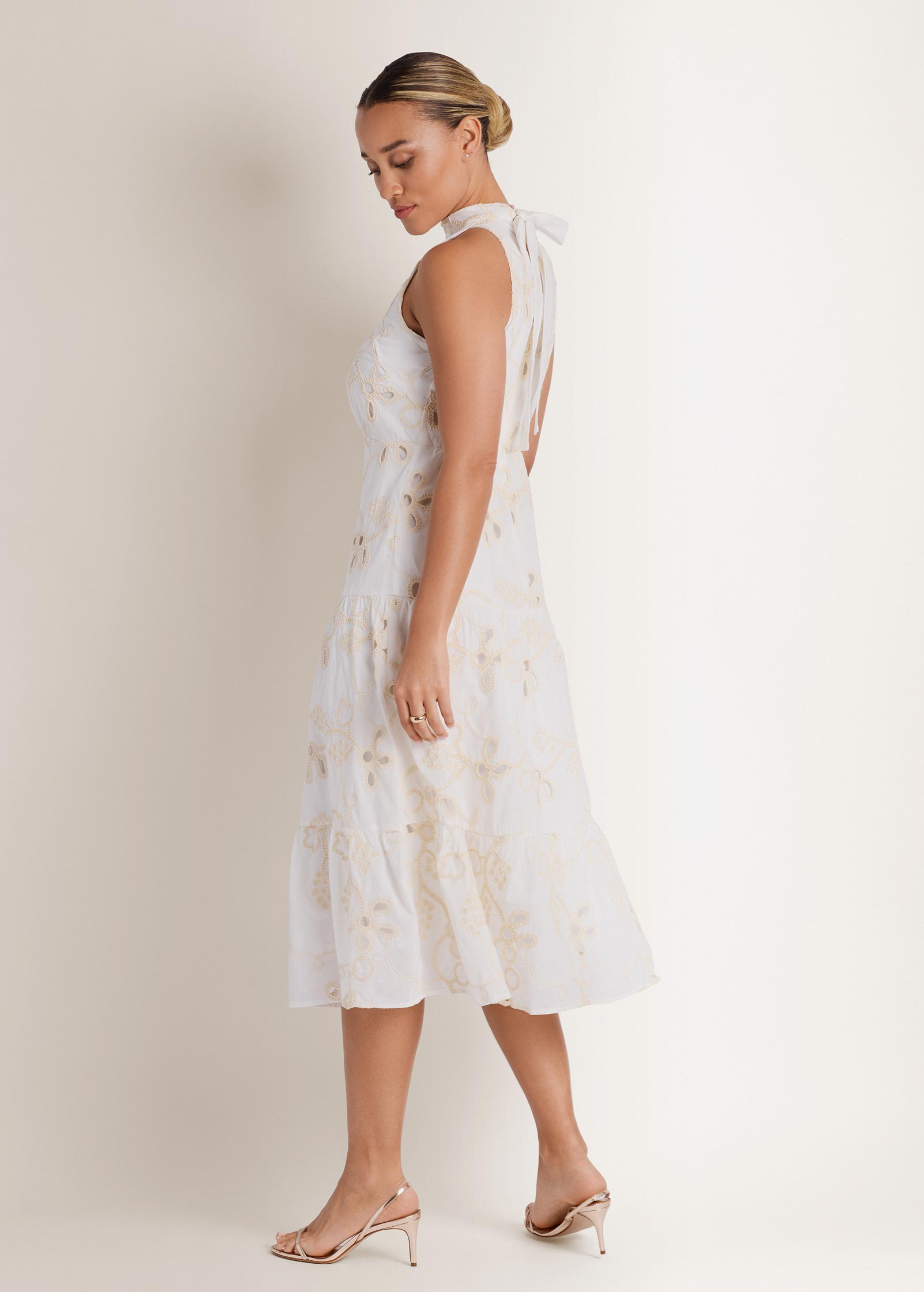 Embroidered Halter Mock Neck Midi Dress - Natural