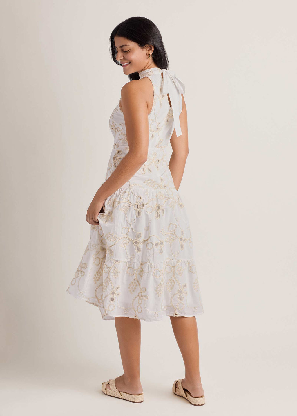 Embroidered Halter Mock Neck Midi Dress - Natural