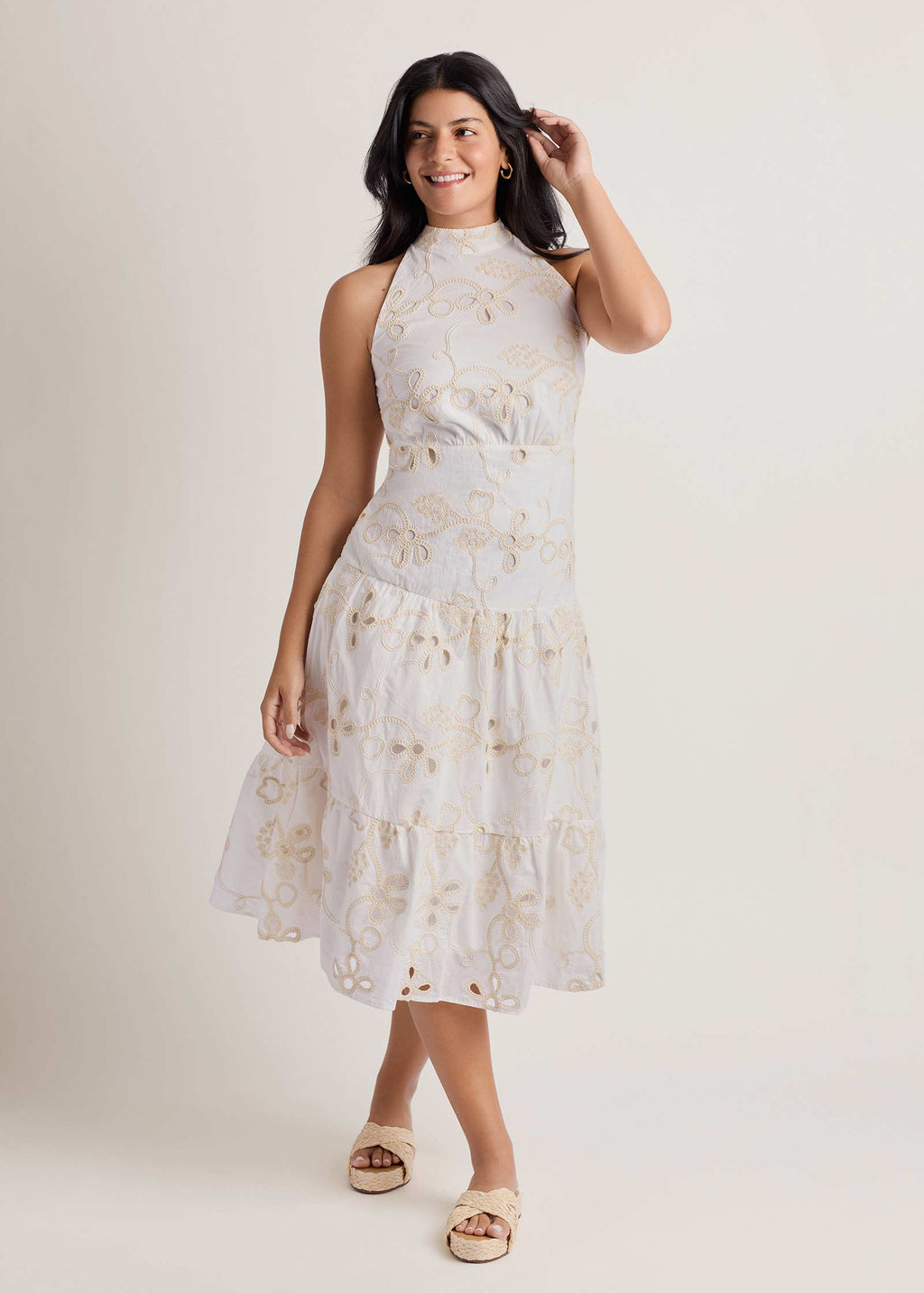 Embroidered Halter Mock Neck Midi Dress - Natural
