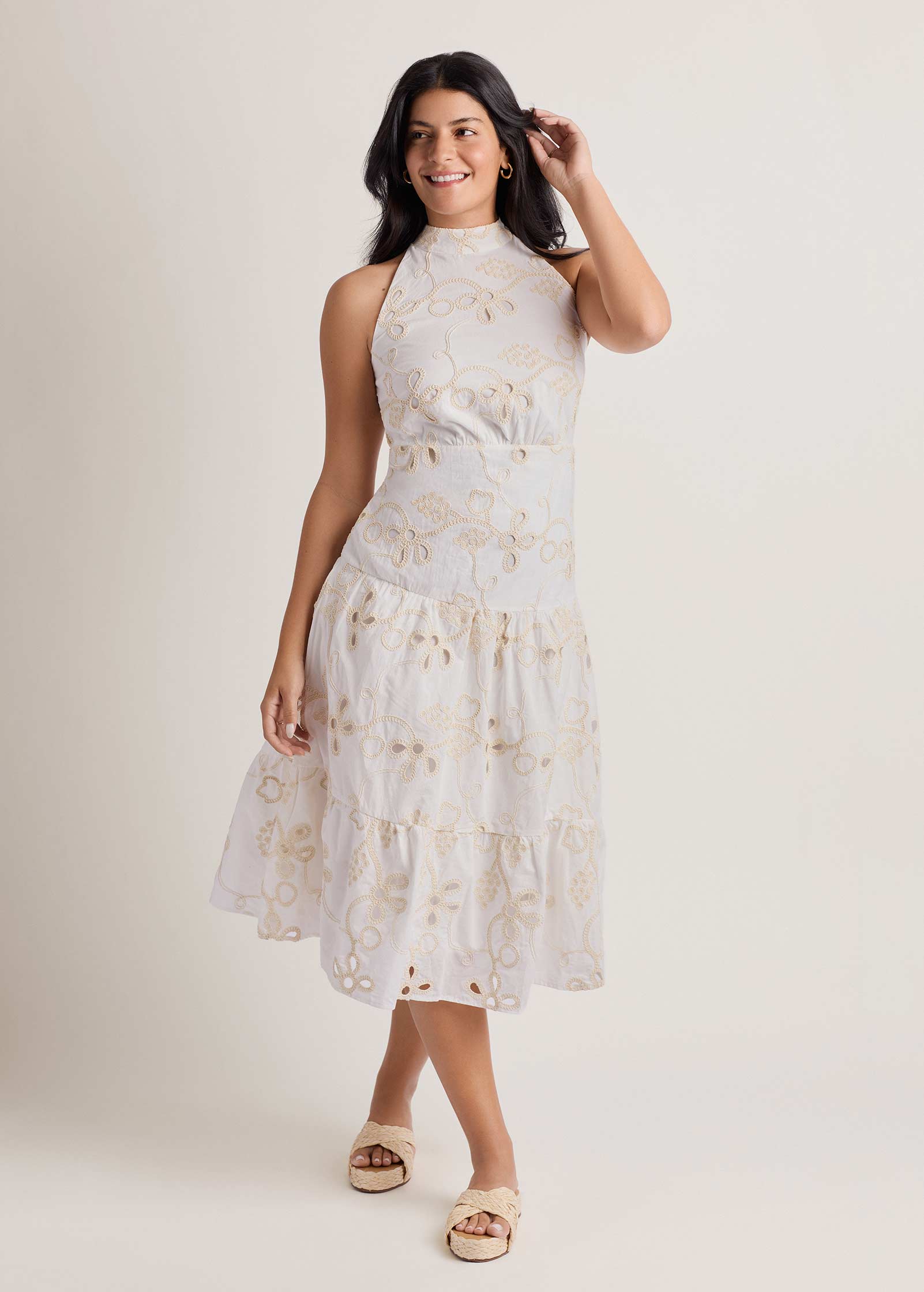 Embroidered Halter Mock Neck Midi Dress - Natural