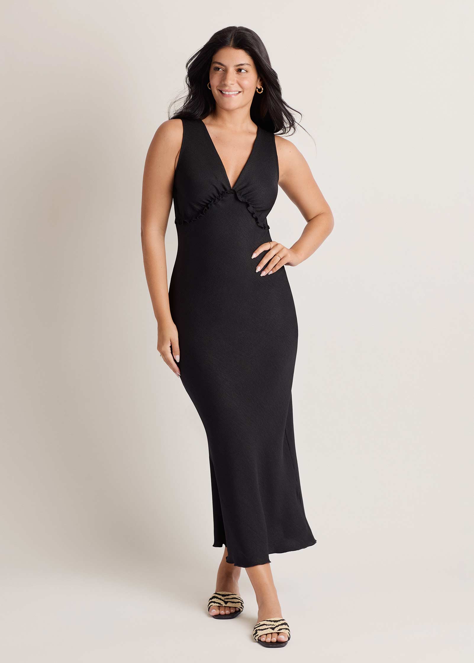Solid Ruffle Trim Dress - Jet Black
