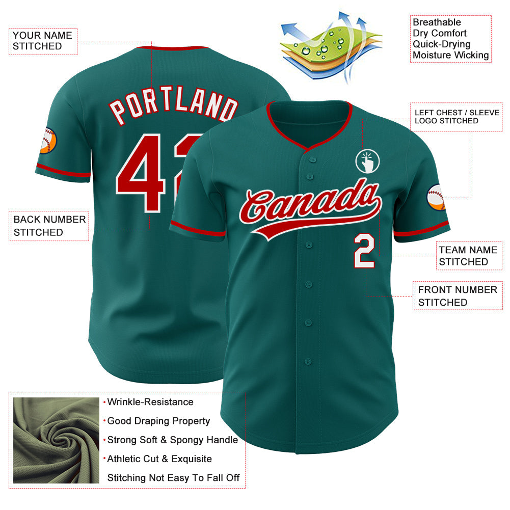 Custom Teal Red-White Authentic Baseball Jersey