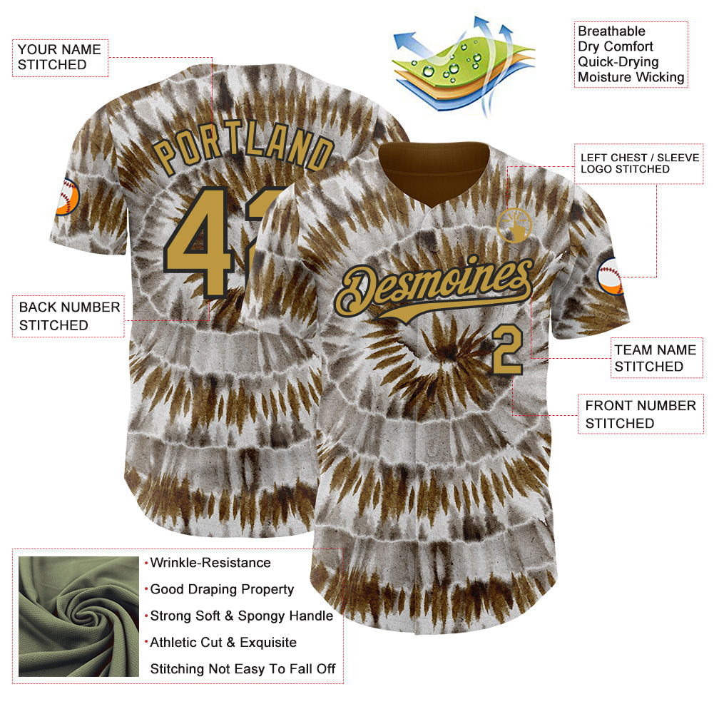 Custom Tie Dye Old Gold-Black Shibori Pattern Authentic Baseball Jersey