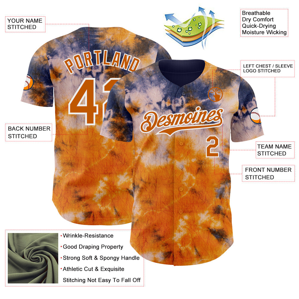 Custom Tie Dye Texas Orange-White Shibori Pattern Authentic Baseball Jersey