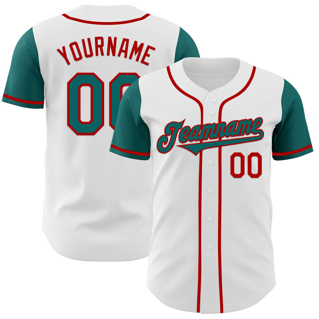 Custom White Teal-Red Authentic Two Tone Baseball Jersey