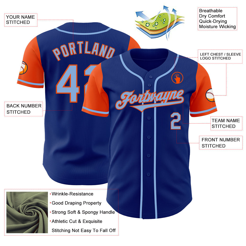 Custom Royal Light Blue-Orange Authentic Two Tone Baseball Jersey