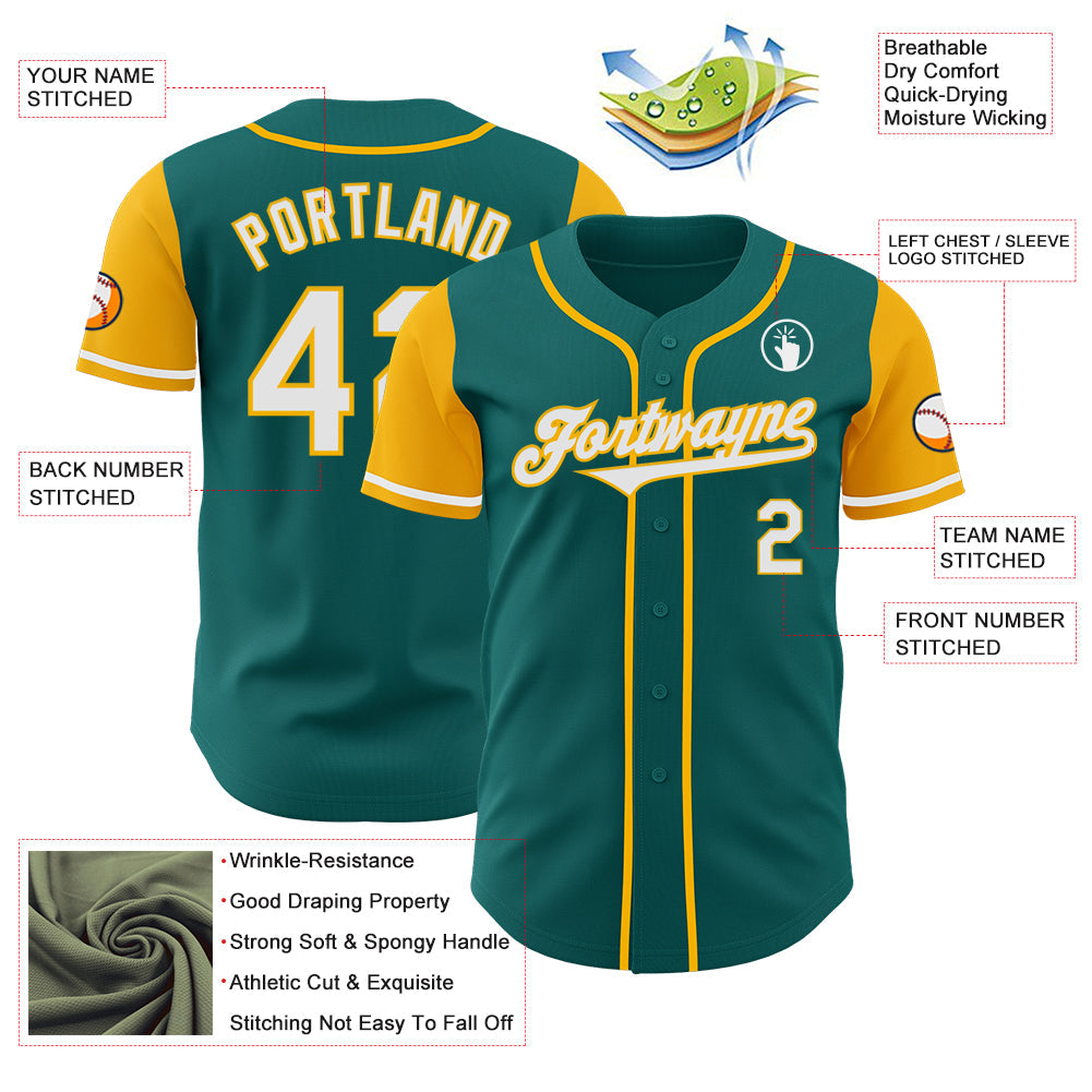Custom Teal White-Gold Authentic Two Tone Baseball Jersey