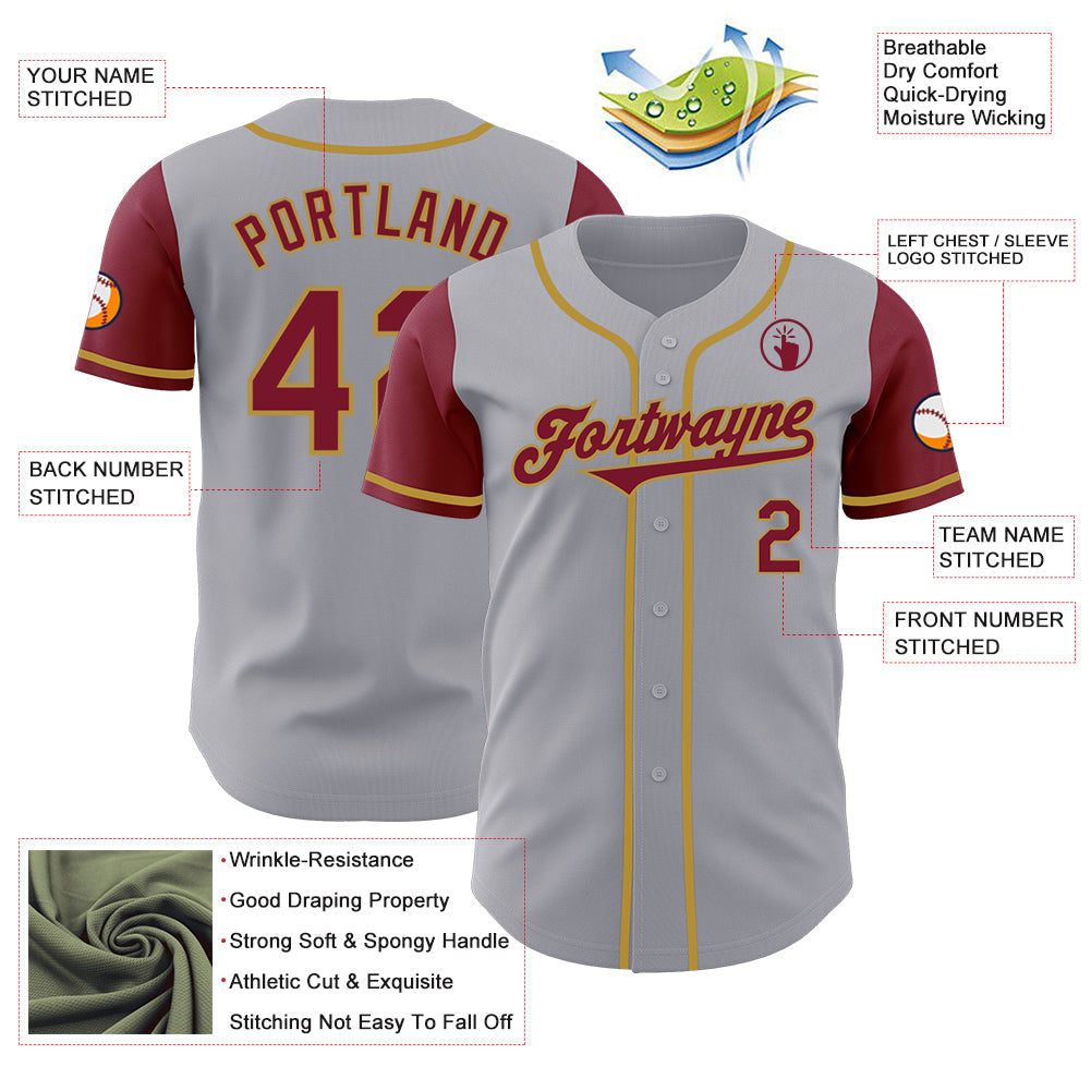 Custom Gray Crimson-Old Gold Authentic Two Tone Baseball Jersey
