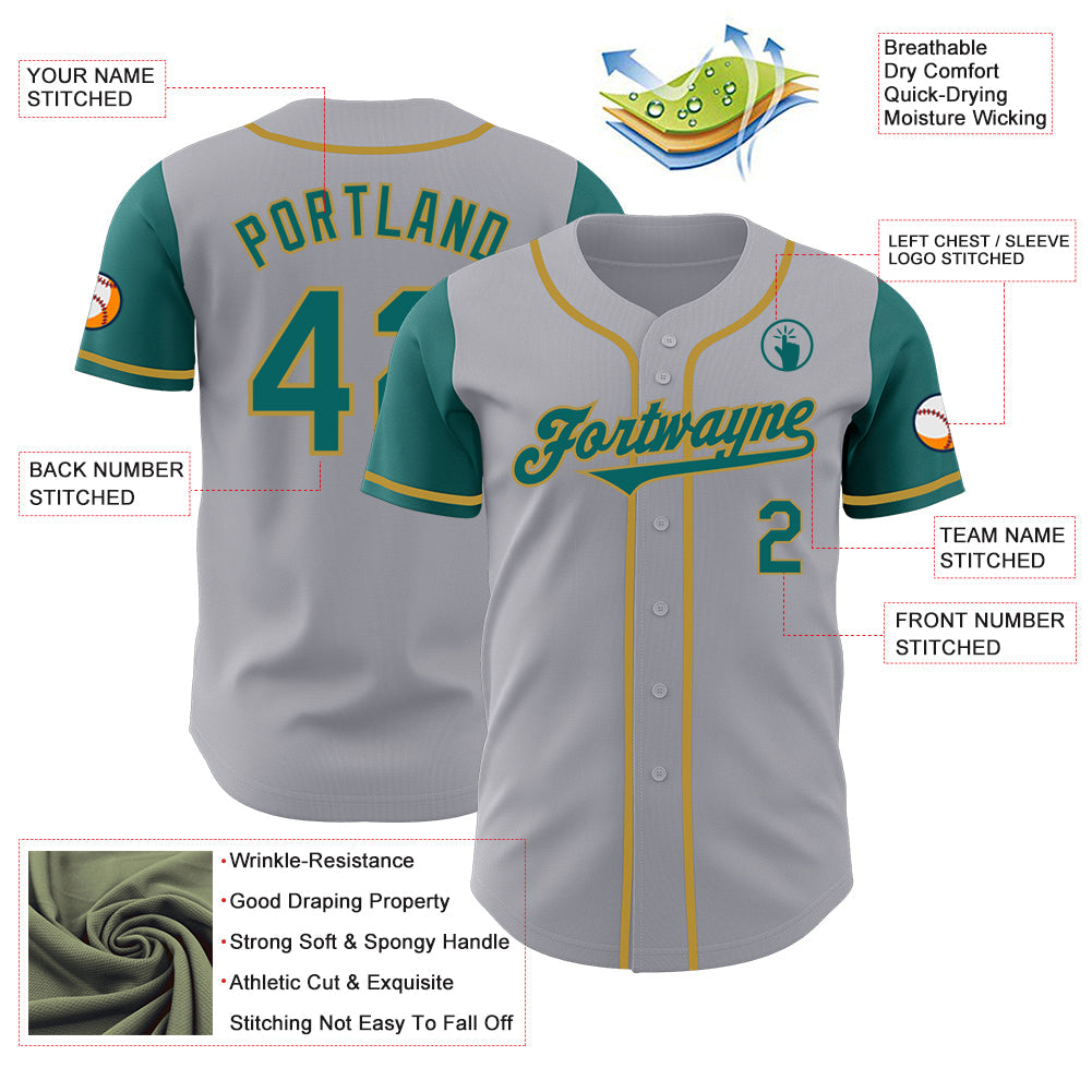 Custom Gray Teal-Old Gold Authentic Two Tone Baseball Jersey