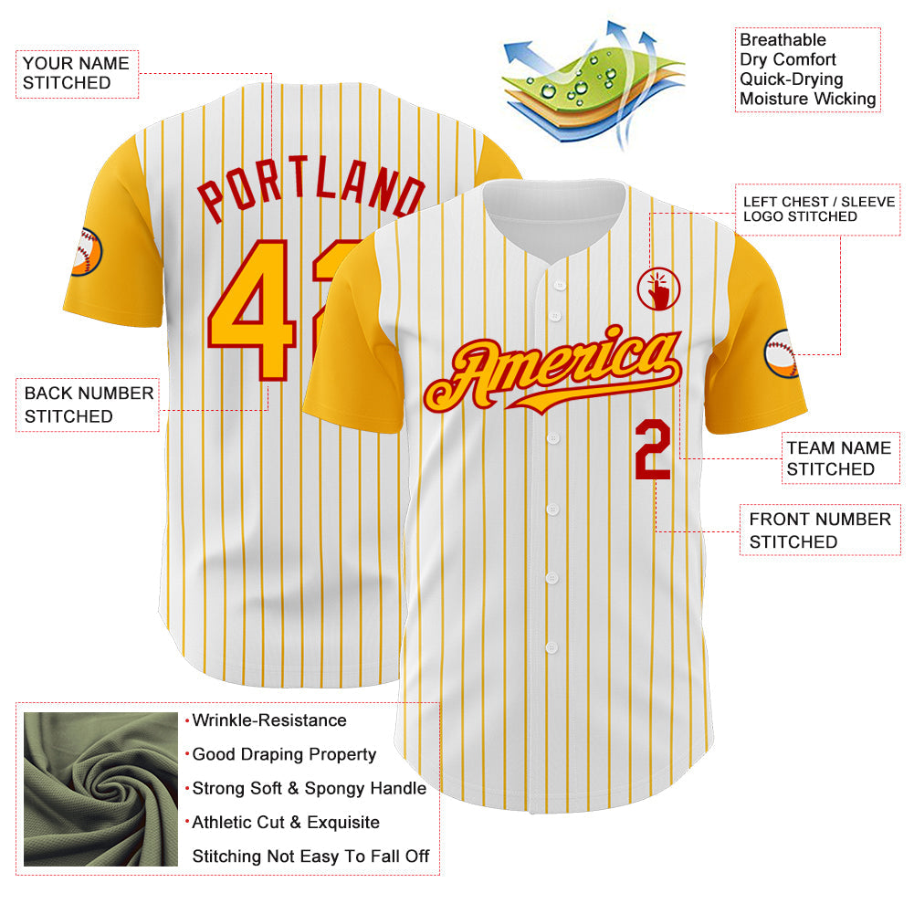 Custom White Gold Pinstripe Red Authentic Two Tone Baseball Jersey