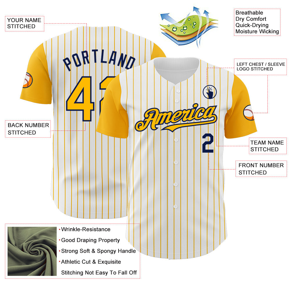 Custom White Gold Pinstripe Navy Authentic Two Tone Baseball Jersey