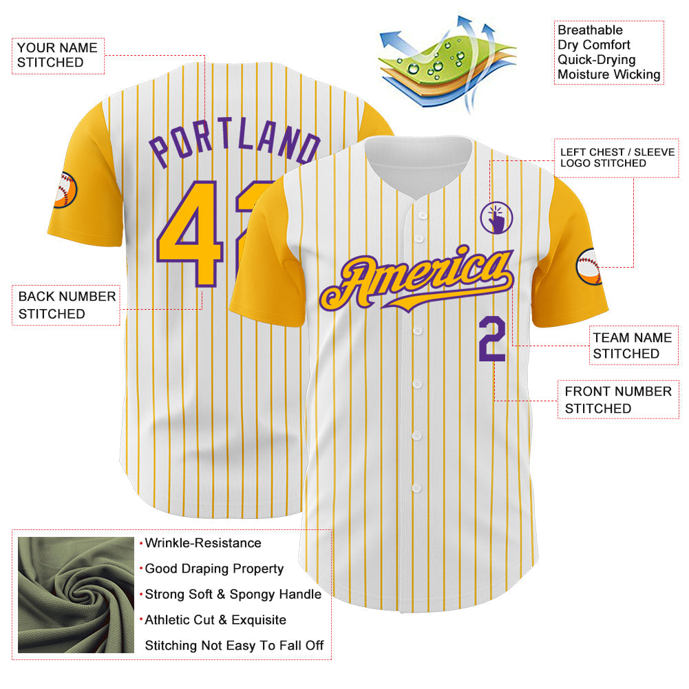 Custom White Gold Pinstripe Purple Authentic Two Tone Baseball Jersey