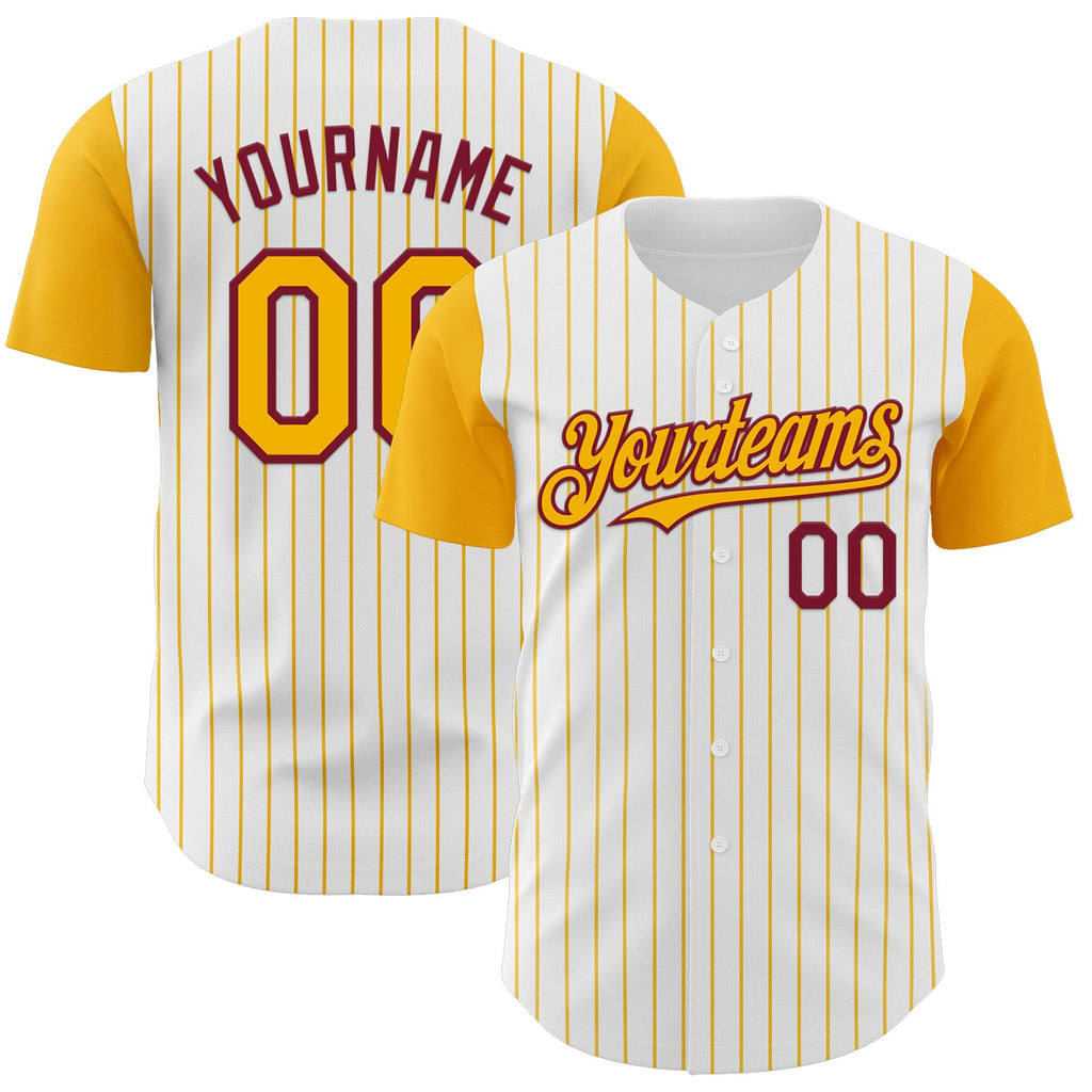 Custom White Gold Pinstripe Crimson Authentic Two Tone Baseball Jersey