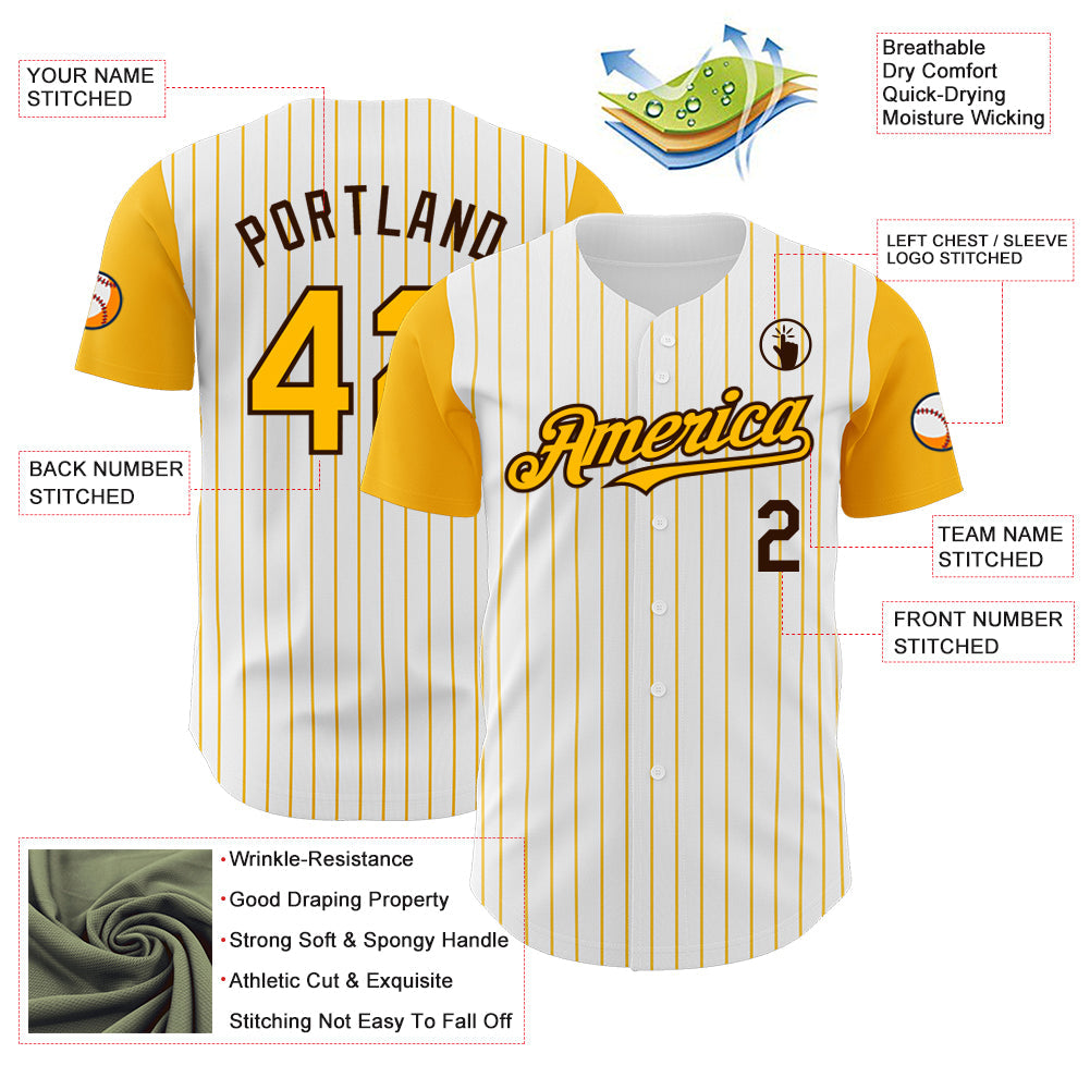 Custom White Gold Pinstripe Brown Authentic Two Tone Baseball Jersey