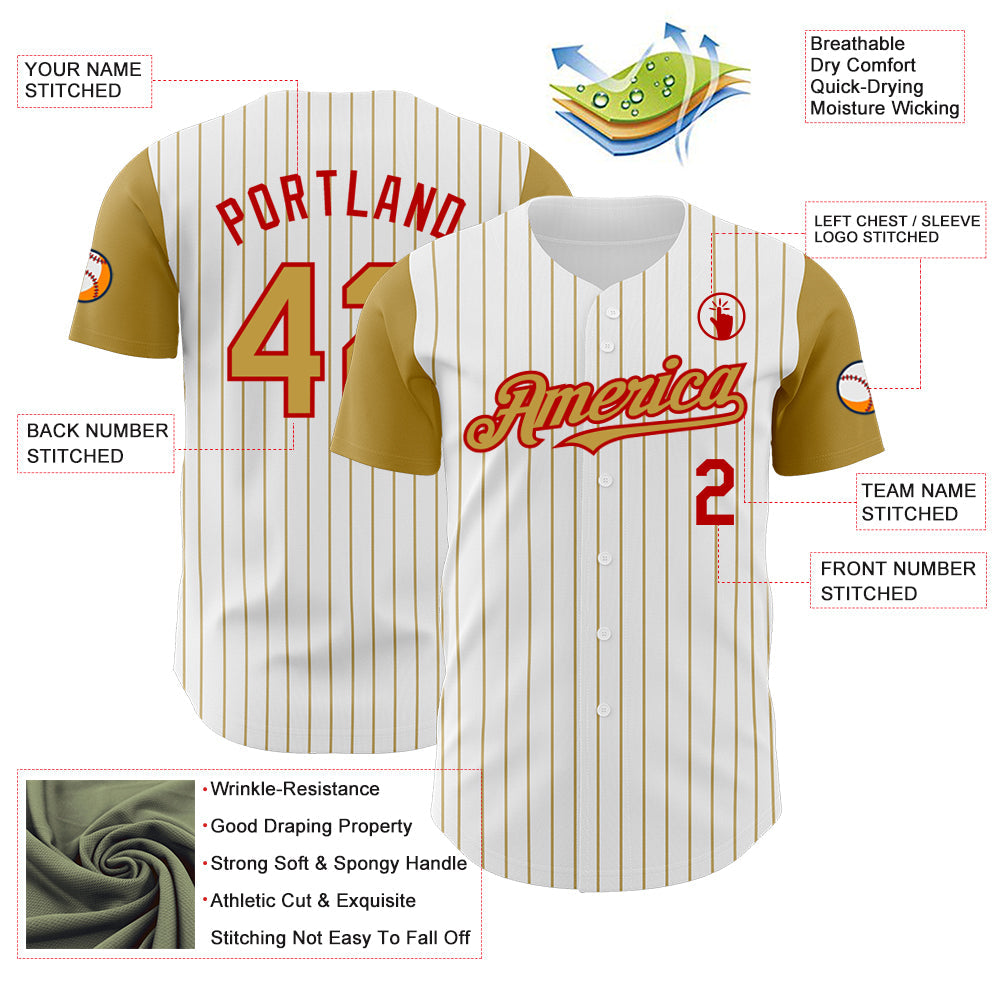 Custom White Old Gold Pinstripe Red Authentic Two Tone Baseball Jersey
