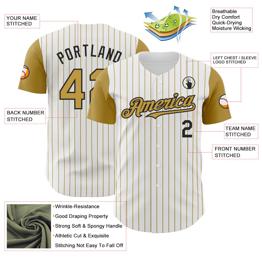 Custom White Old Gold Pinstripe Black Authentic Two Tone Baseball Jersey