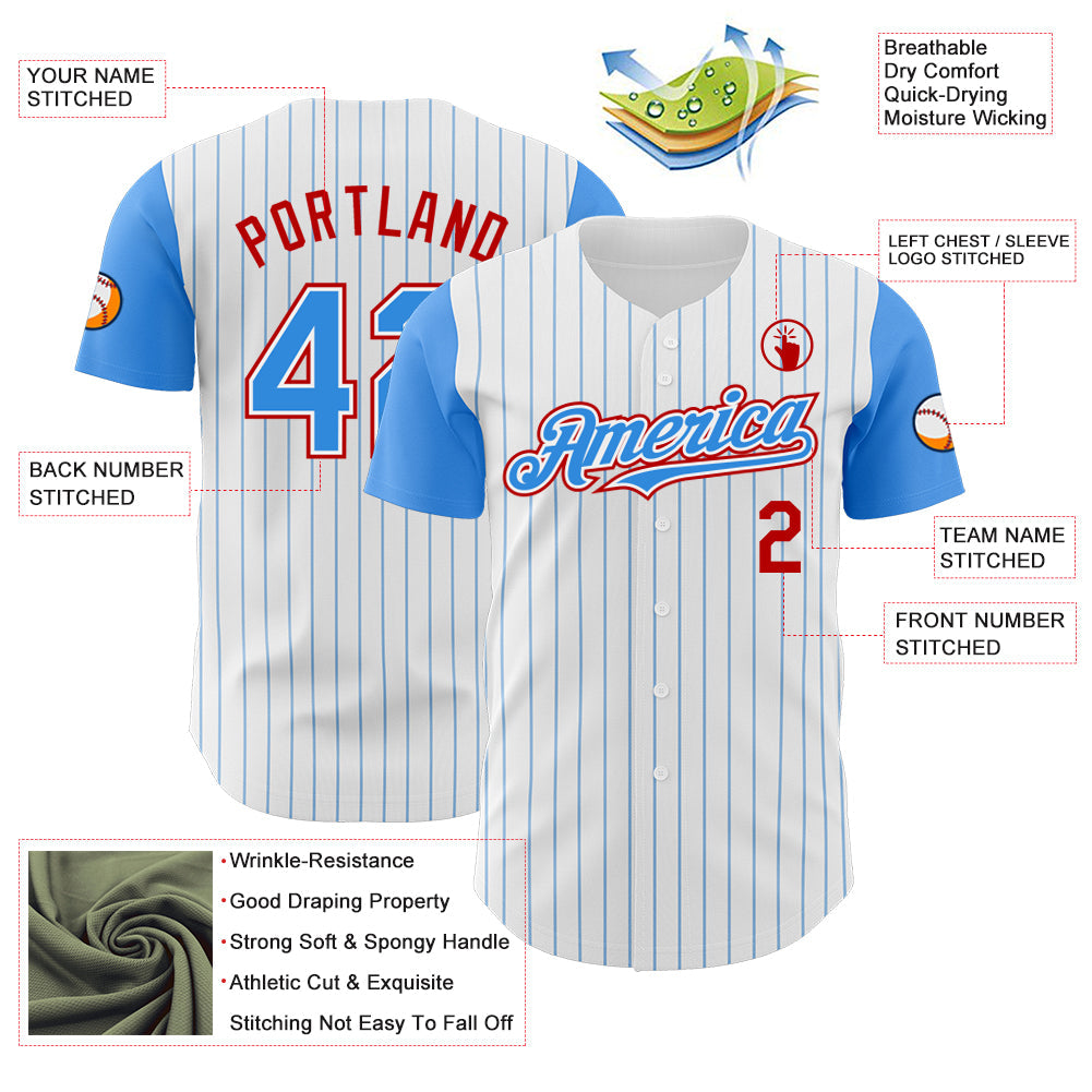 Custom White Electric Blue Pinstripe Red Authentic Two Tone Baseball Jersey